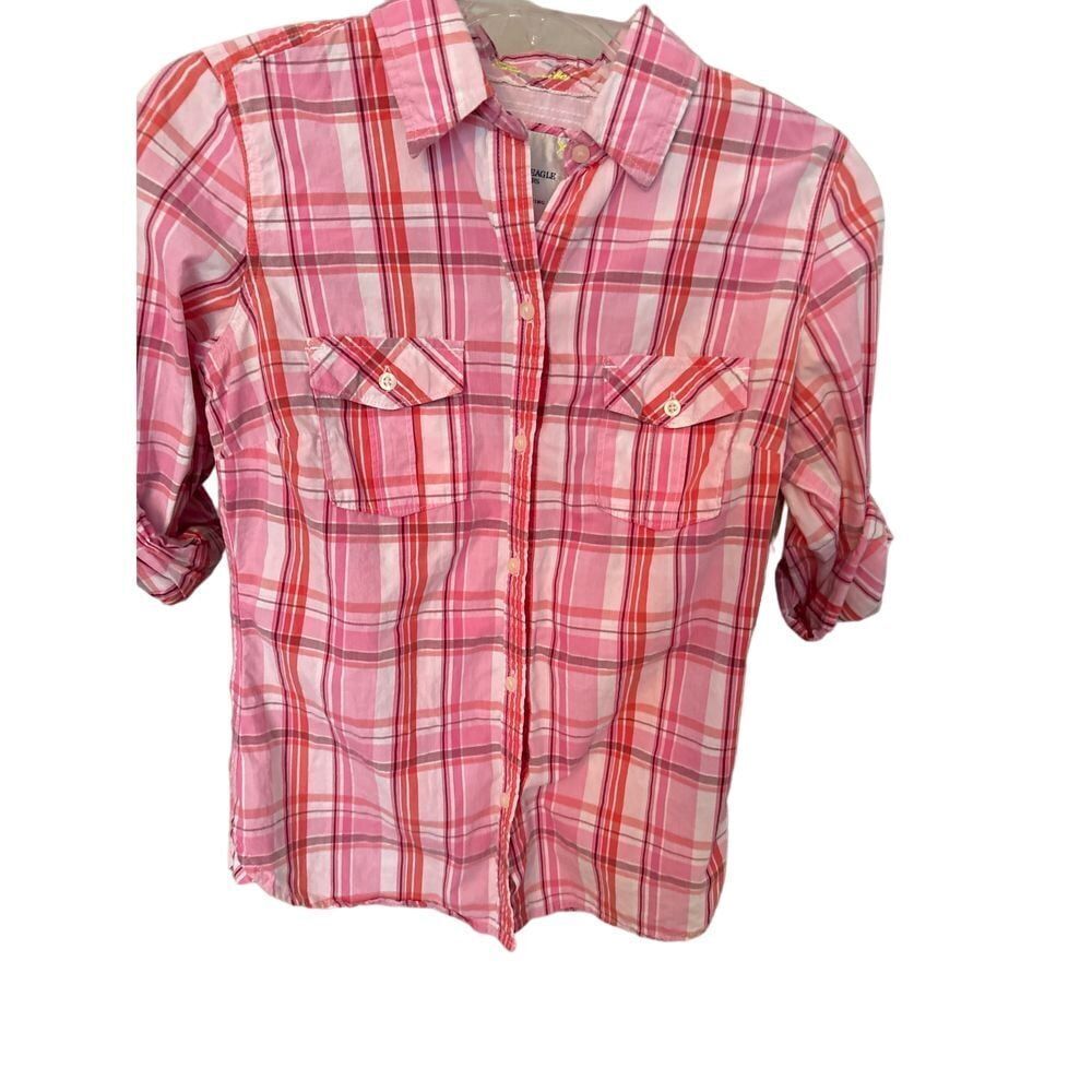 American Eagle Pink Plaid‎ Button-Up Shirt Women's Casual Long Sleeve Top sz 2